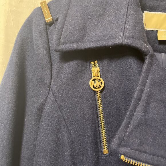 Michael Kors Navy Blue Wool Blend Belted Asymmetrical Zip Coat Size 2 P - Picture 4 of 10